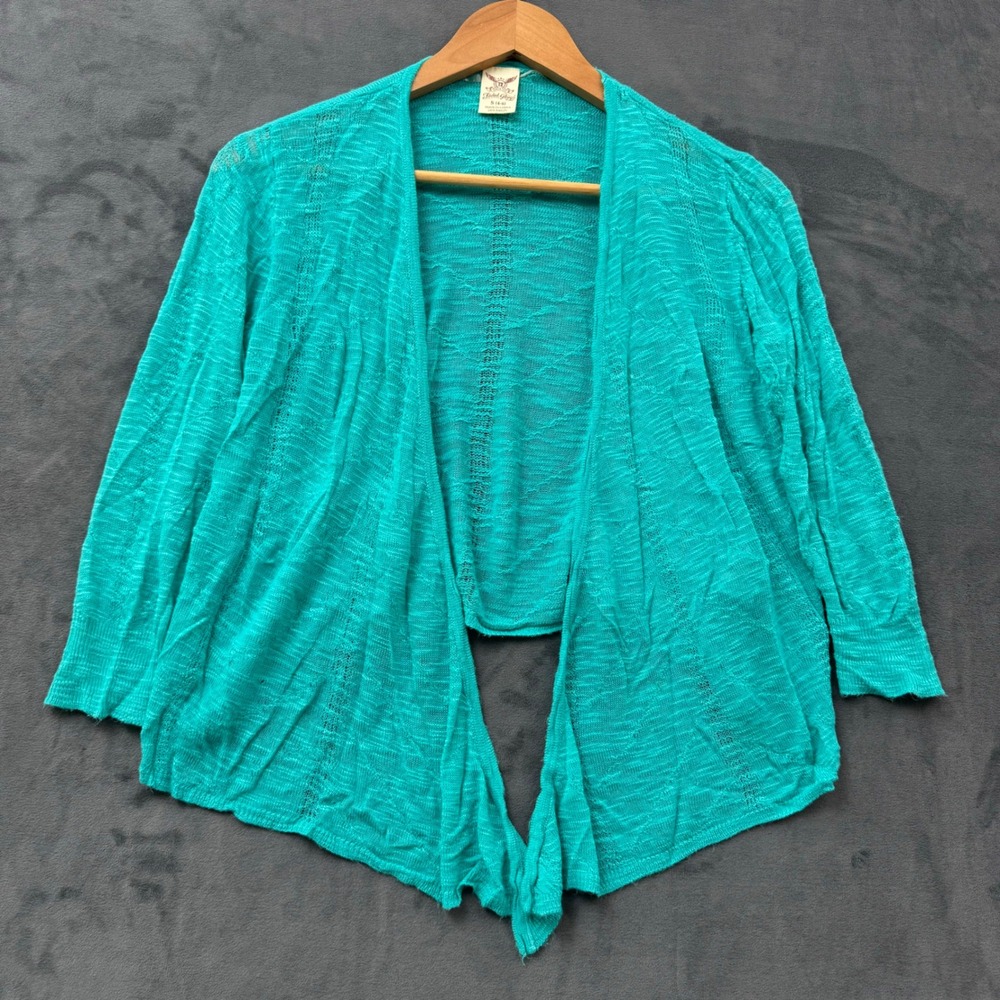 Faded Glory Teal Green Open Front Pointelle Knit Cardigan Rayon Small 4-6